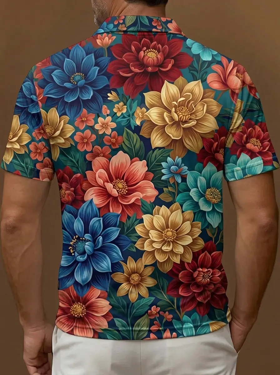 Teal Red Gold Tropical Floral Print Short Sleeve Golf Polo Shirt