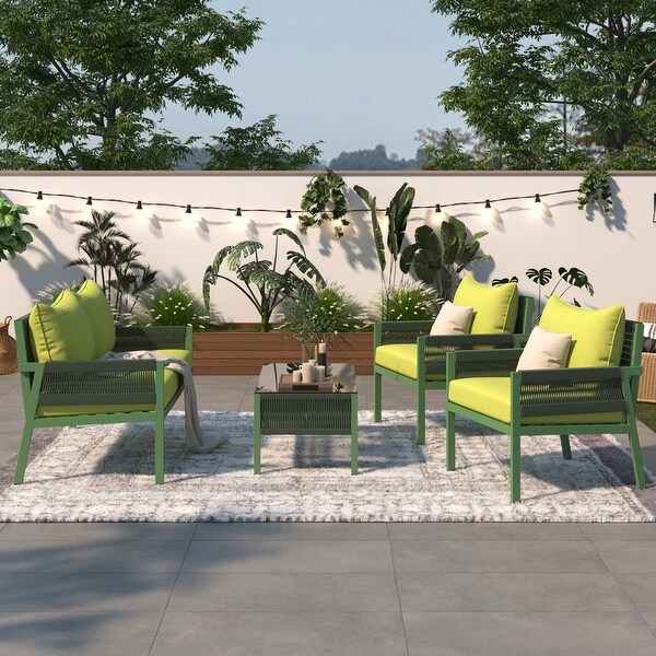 Outdoor 4Piece Woven Rope Conversation Furniture Set for Backyard,Patio Loveseat and Accent Chairs Set with Tempered Glass Table
