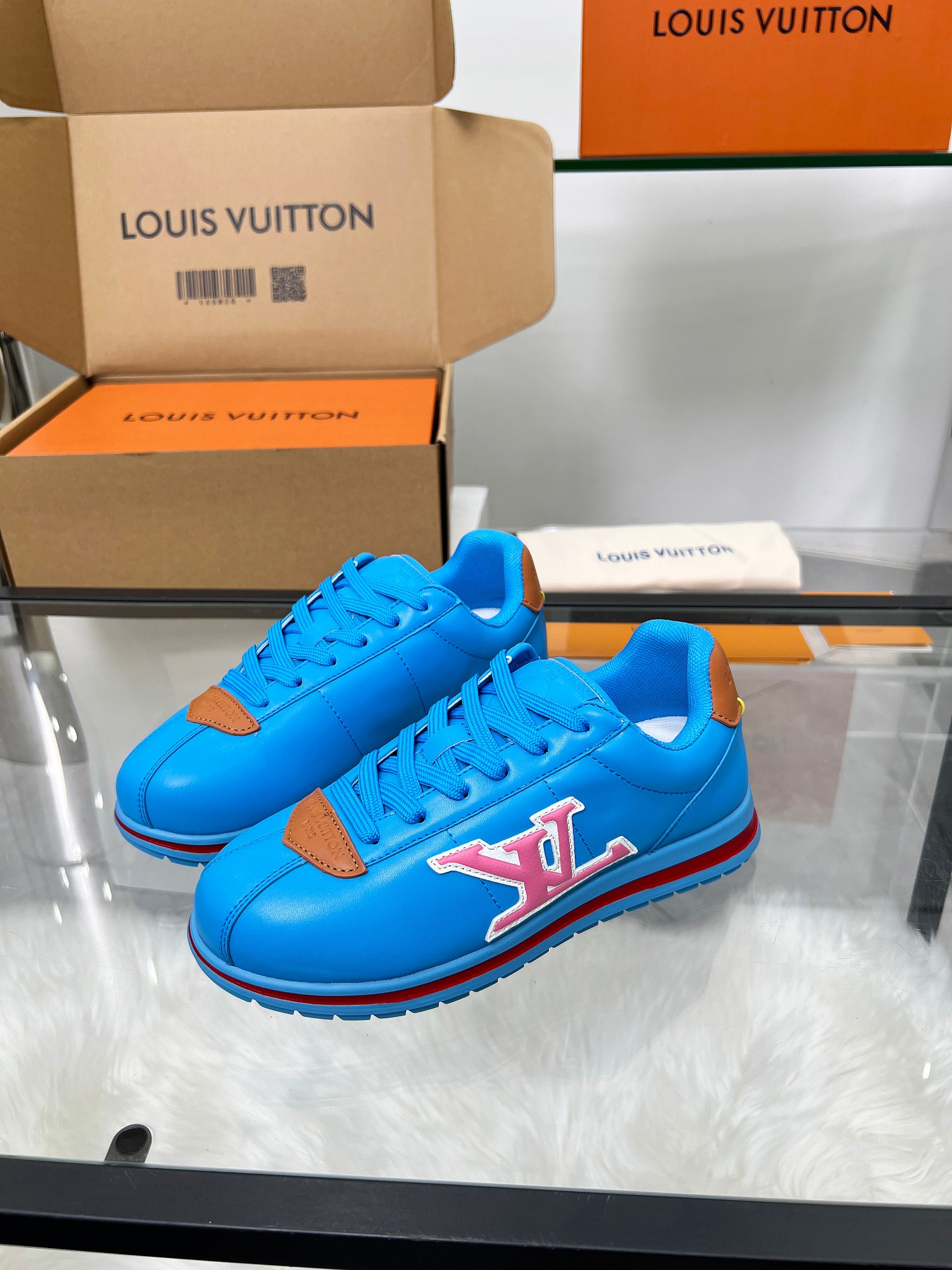 Louis Vuitton LV Trainer Sneaker Blue & Pink – Red Stripe Sole – Women’s Shoes