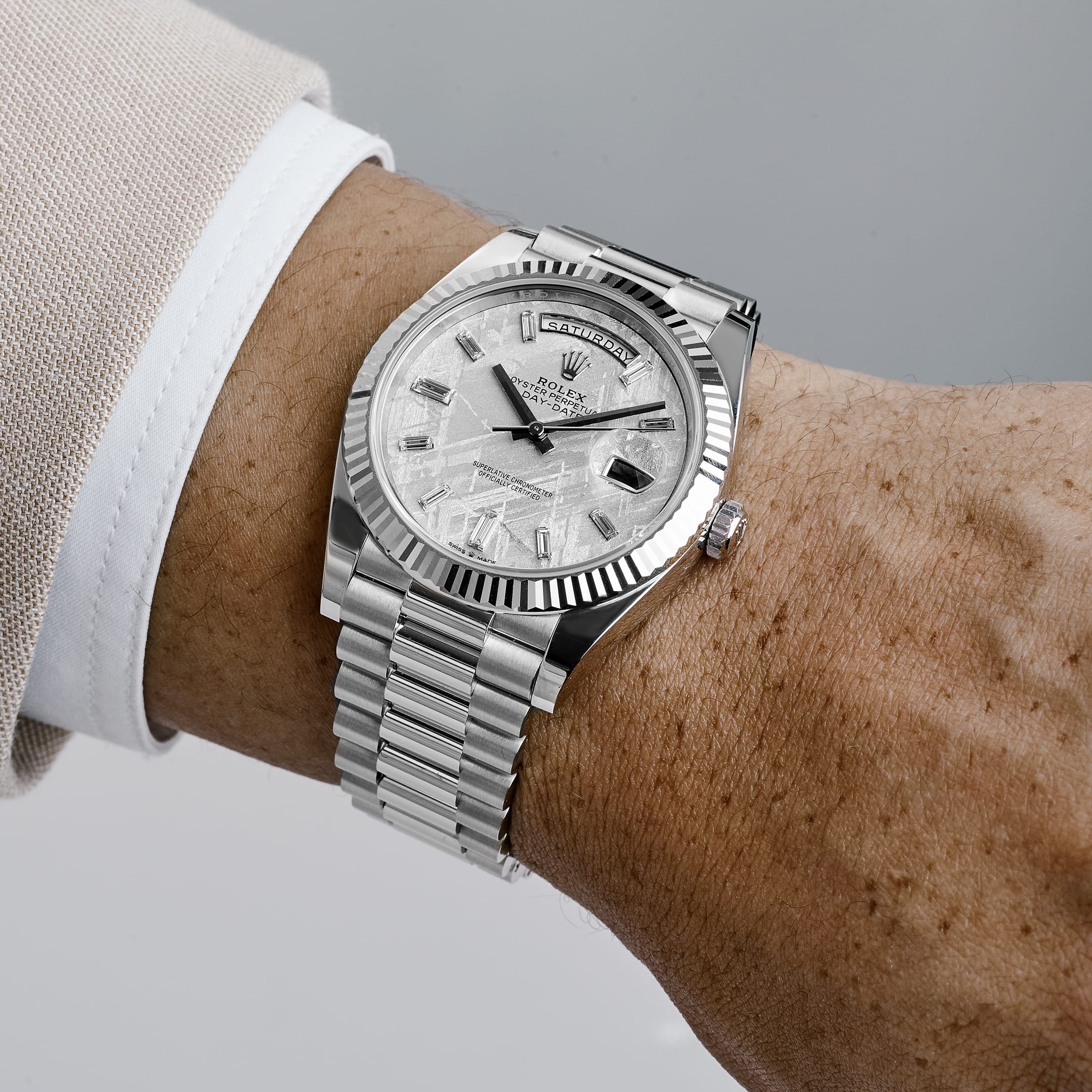 Rolex Day-Date 40 228236 Platinum Meteorite Diamond Baguette Dial (2026)
