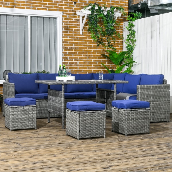 Outsunny 7 PCs Patio Wicker Furniture Set,Outdoor Sectional Furniture Conversation Sofa Set with Wood Grain Plastic Top Table