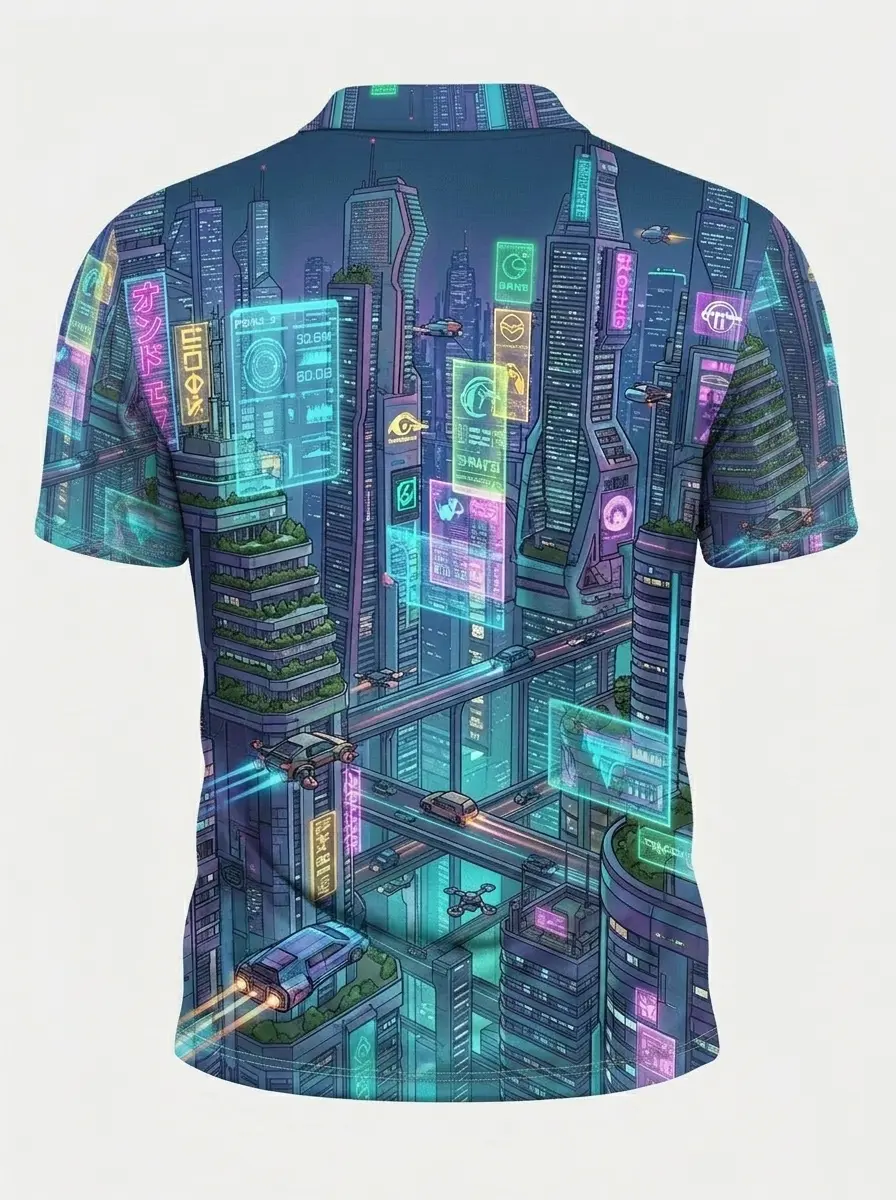 Moisture Wicking Golf Polo 3D Cyberpunk Neon City Button Short Sleeve Golf Polo Shirt