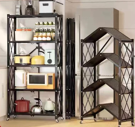 3 / 4 / 5 Tier Foldable Kitchen Rack Shelves with Wheels Moveable Multipurpose Kitchen Metal Rack Stainless Steel Organ
