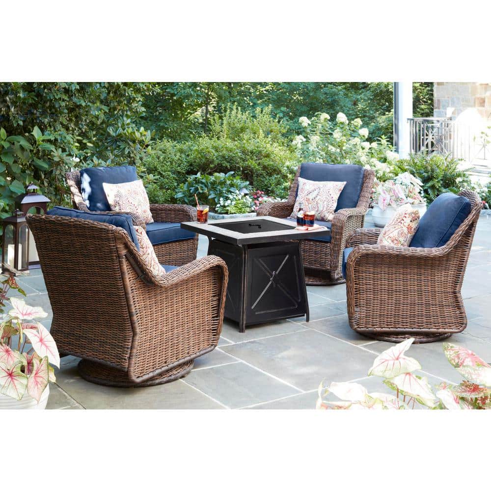 Hampton Bay Cambridge Brown Wicker Outdoor Patio Swivel Rocking Chair with CushionGuard Midnight Navy Blue Cushions 65-17148B4