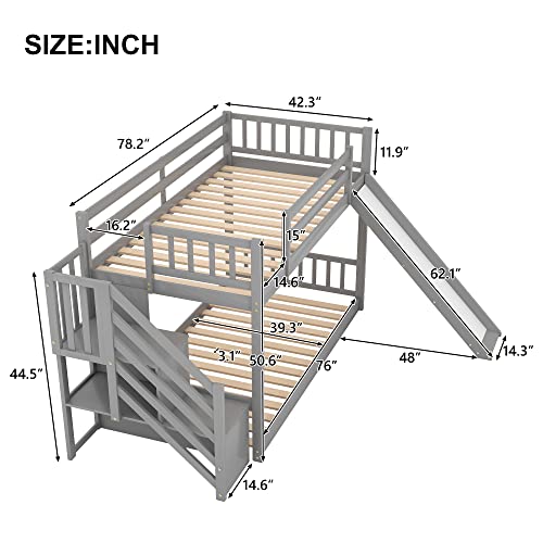 Twin Over Twin Bunk Bed, Solid Wood Montessori Bed Frame with Safety Guardrails, Convertible Slide and Storage Stairs, Floor Bunk Beds for Adults, Noise Free&Easy Assembly, Gray