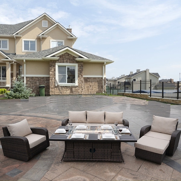 5Piece Outdoor Wicker Sofa Set with Aluminum Firepit Table