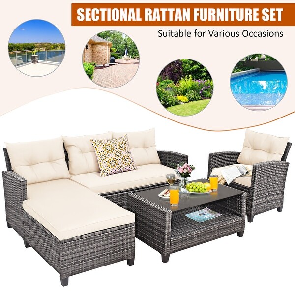Costway 4PCS Patio Rattan Furniture Set Sofa Ottoman Cushion Garden