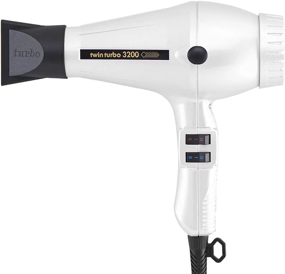 Turbo Power Twin Turbo 3200 White Hair Dryer and M Hair Designs Hot Blow Attachment Black (Bundle 2 Items)