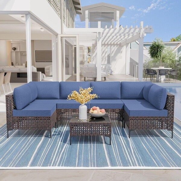 Outdoor Patio Conversation Sectional Sofa Set,Modern Grid Rattan with Cushions and Side Table