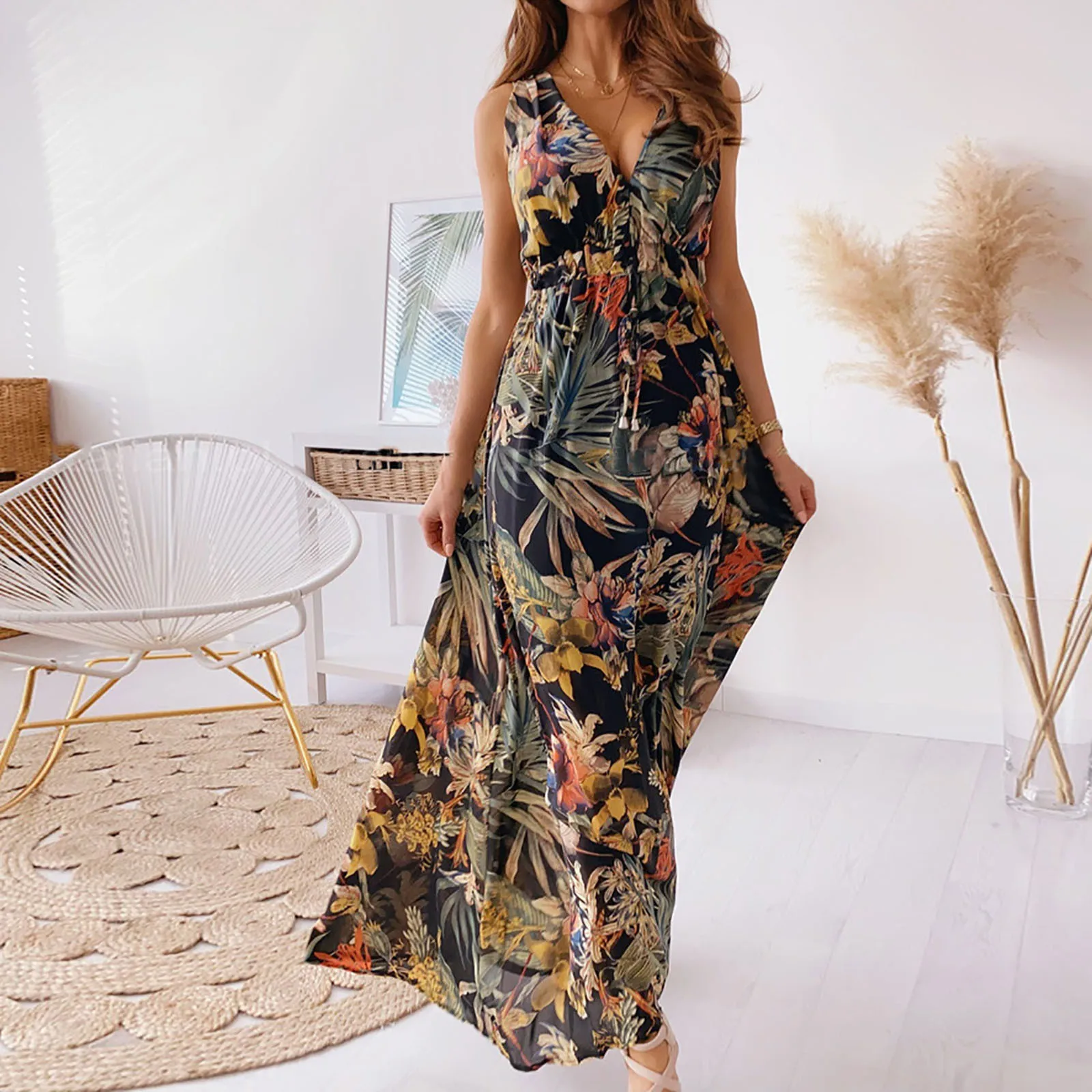 Floral Halter Maxi Dress - Tropical Print A-Line GownClistos