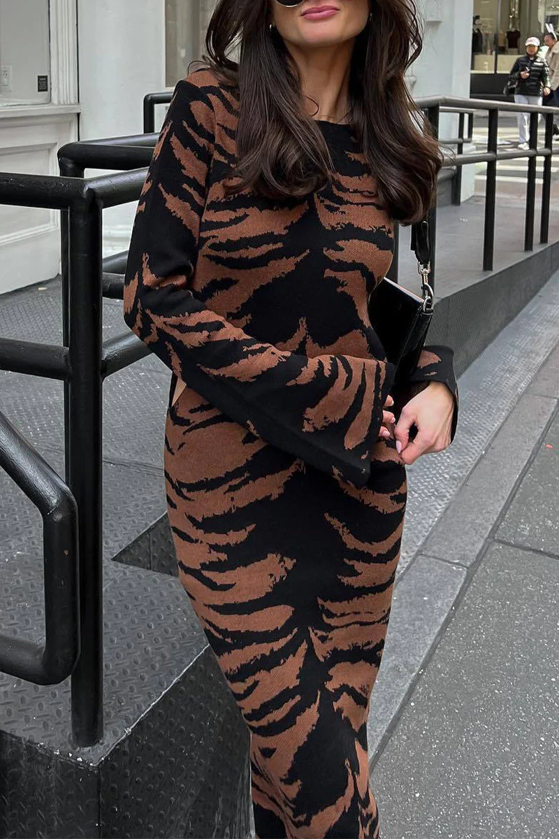 Leopard Jacquard Long Sleeve Pencil DressClistos