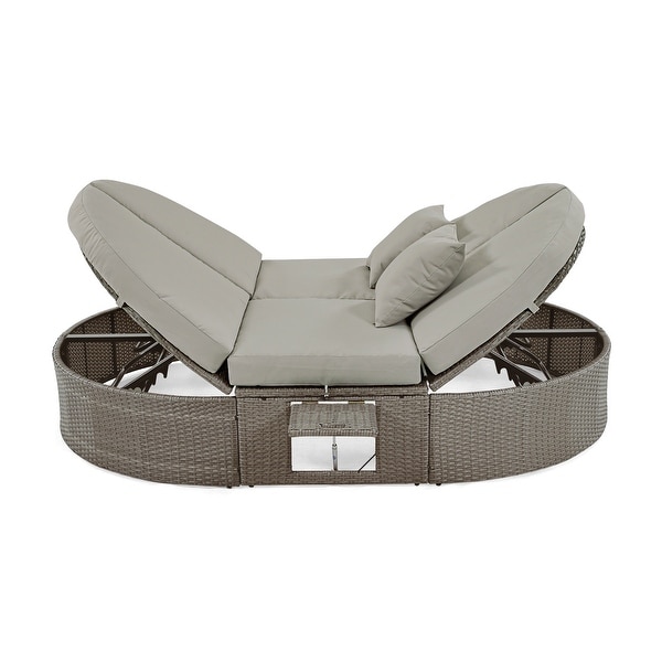 2Person Rattan Garden Reclining Chaise Lounge Daybed with Cup Trays