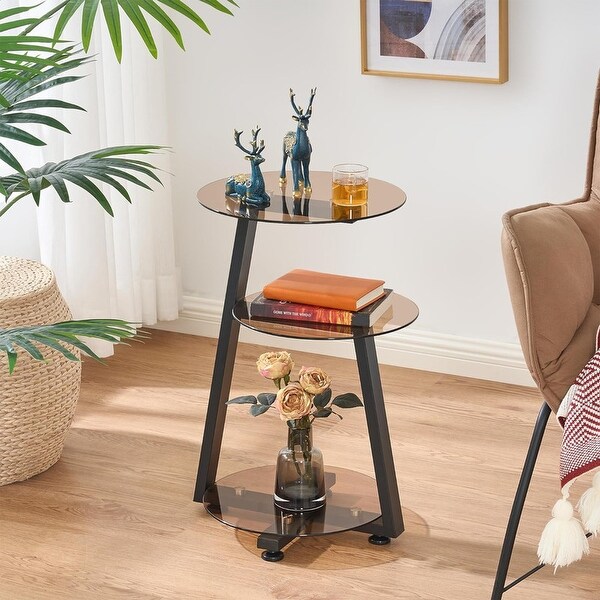Round End Table Tempered Glass Side Table with Metal Frame,Tawny
