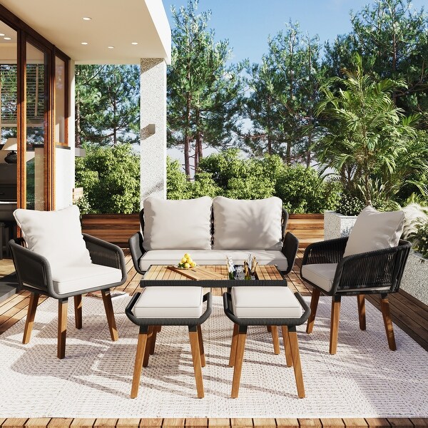 Beige and Black Acacia Wood Patio Set: 6Piece Outdoor Furniture Ensemble with Cool Bar Table