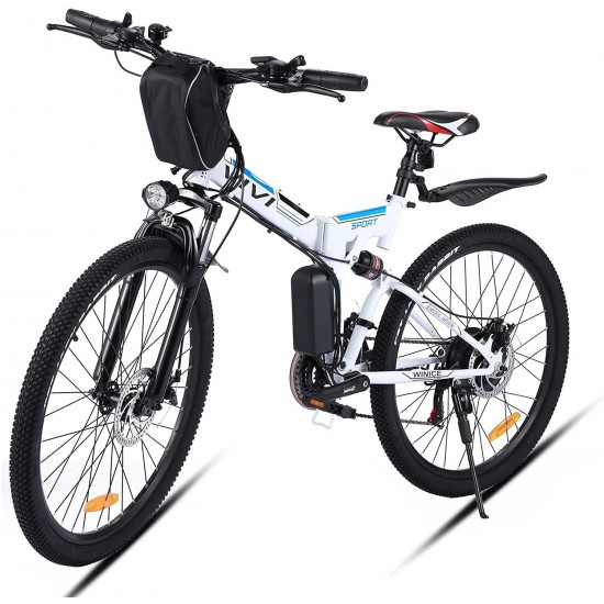 350W Folding E-Bike Adult Electric Mountain Bike 26 Inch Folding Electric Bicycle with Removable 36V/8 Ah Lithium-Ion Battery, Full-Suspension E-MTB, 21 Speed Gear