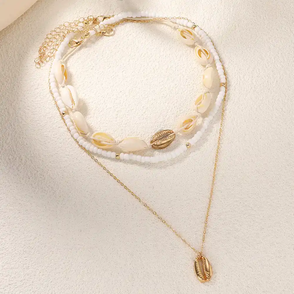 Gold Bohemian Multi-Layer Beaded Shell Pendant Necklace for Women