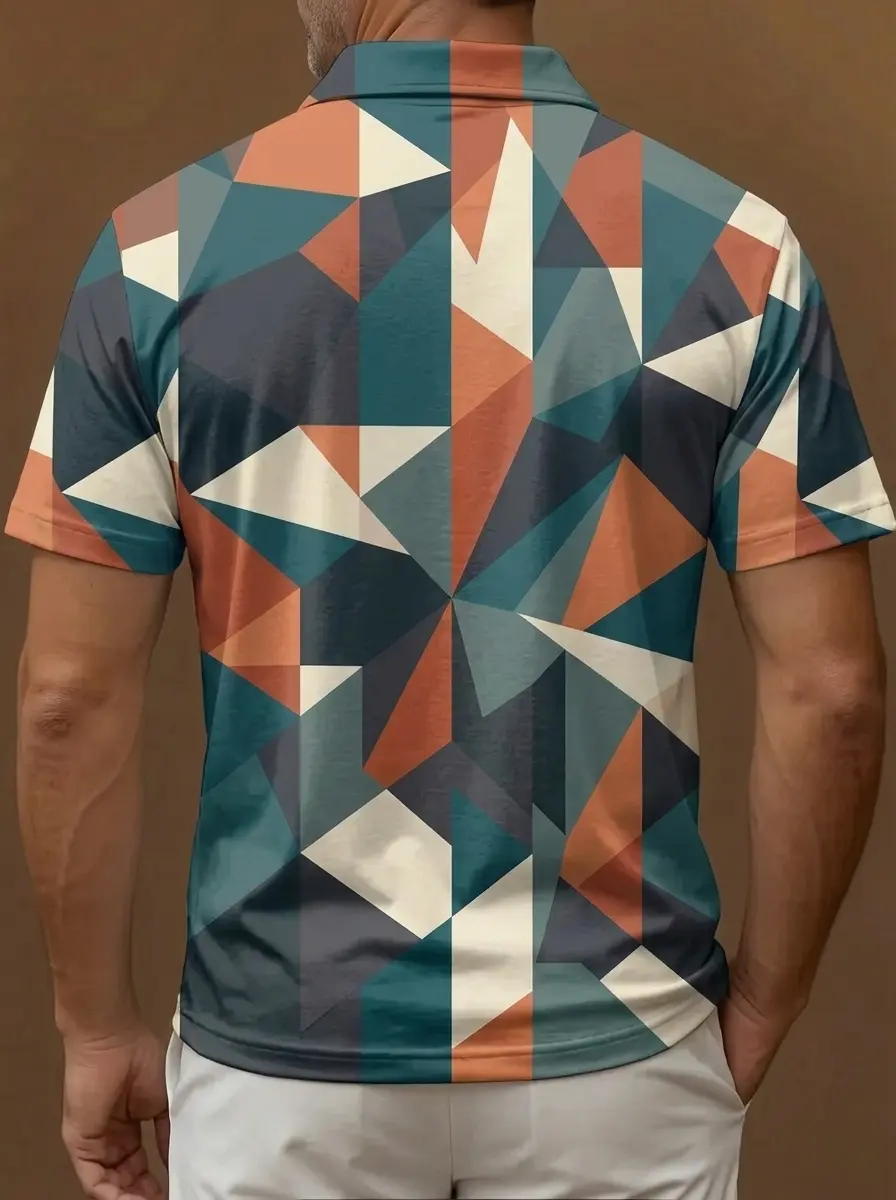 Teal Orange White Geometric Triangle Print Short Sleeve Golf Polo Shirt