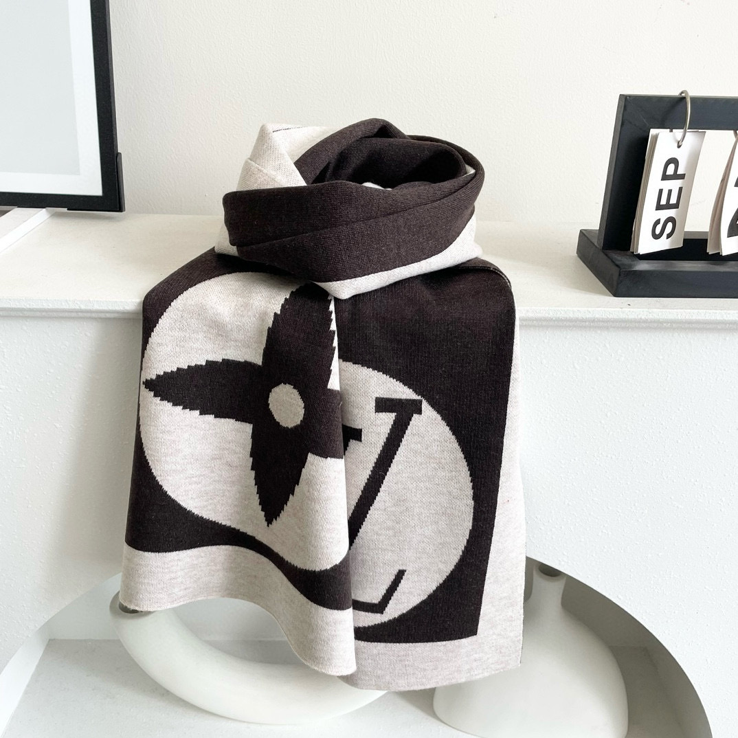 Louis Vuitton Monogram Cashmere Jacquard Scarf White-Brown For Women 180cm