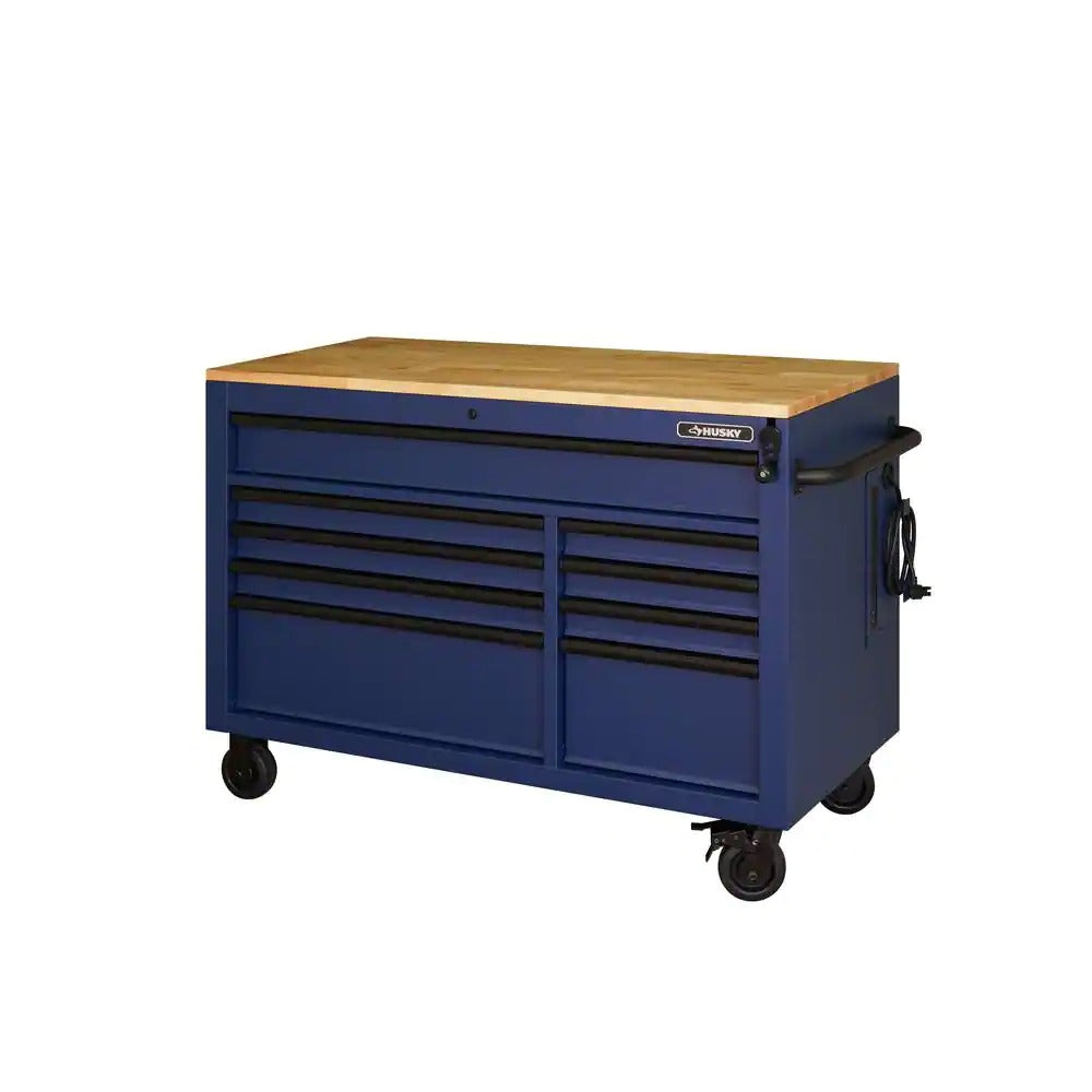 2026 Heavy-Duty 52 in. 9-Drawer Mobile Workbench with Adjustable-Height Solid Wood Top in Matte Blue