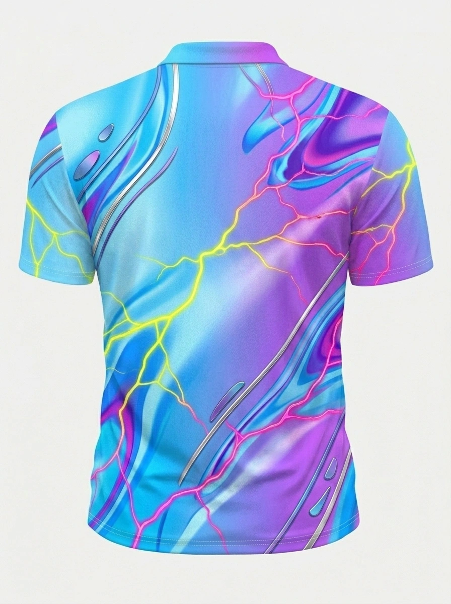 Moisture Wicking Golf Polo 3D Blue Purple Swirl Lightning Button Short Sleeve Golf Polo Shirt