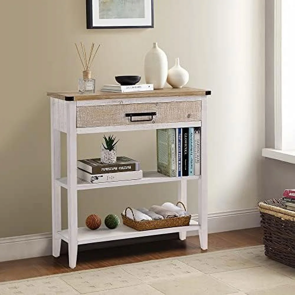 TJUNBOLIFE Farmhouse Console Table with 4 Drawer  60" Long Rustic Entryway Table with Open  Shelves and Handmade Metal Handle  Narrow Foyer Sofa Table for Living Room  Entryway  Hallw