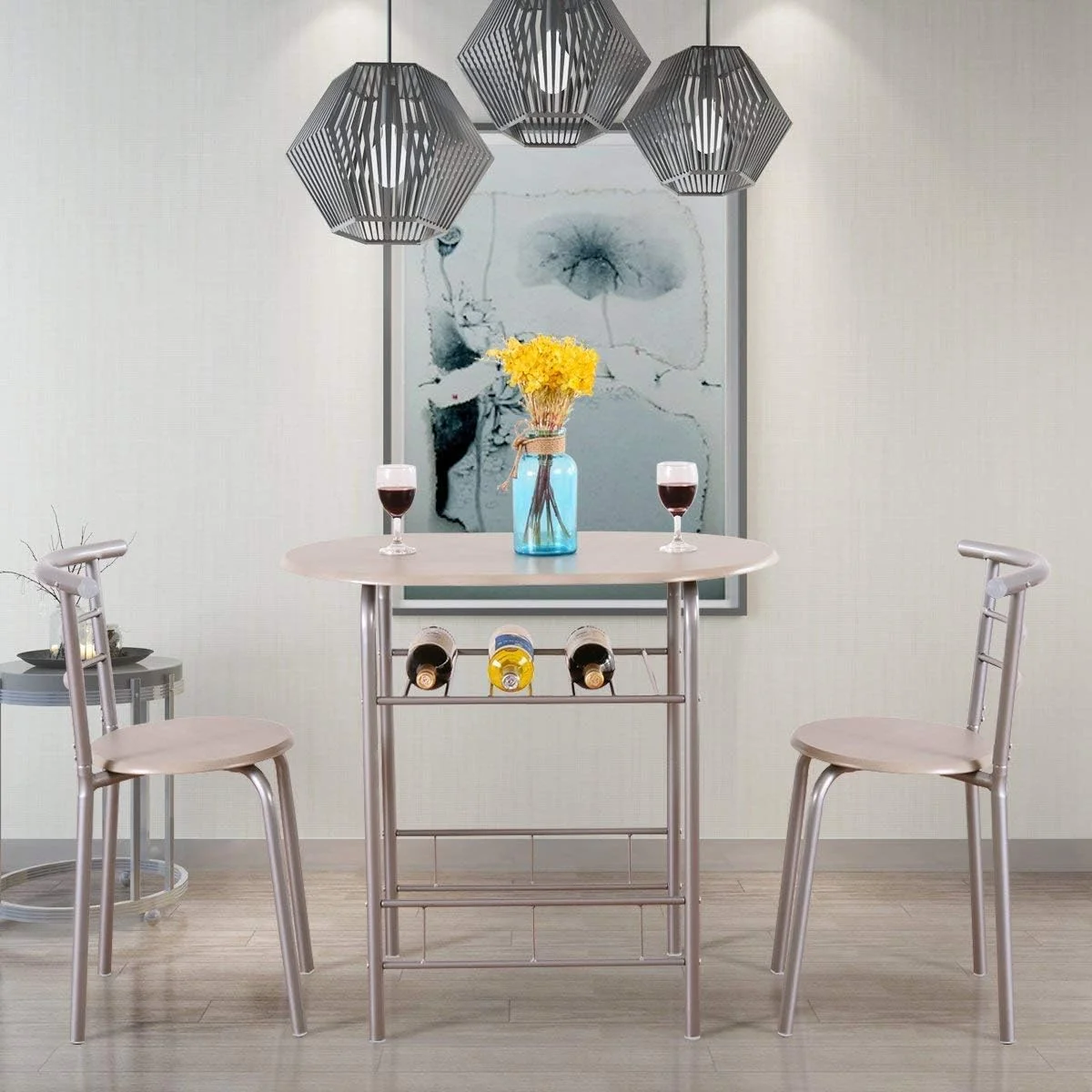 3 Piece Dining Table & Chair Set W/2 Chairs, Metal Frame,Built-In Wine Rack And Storage Shelf Bistro Pub Breakfast Space Saving For Apartment And Kitchen Bistro Pub Table Set(Silver & Natural)