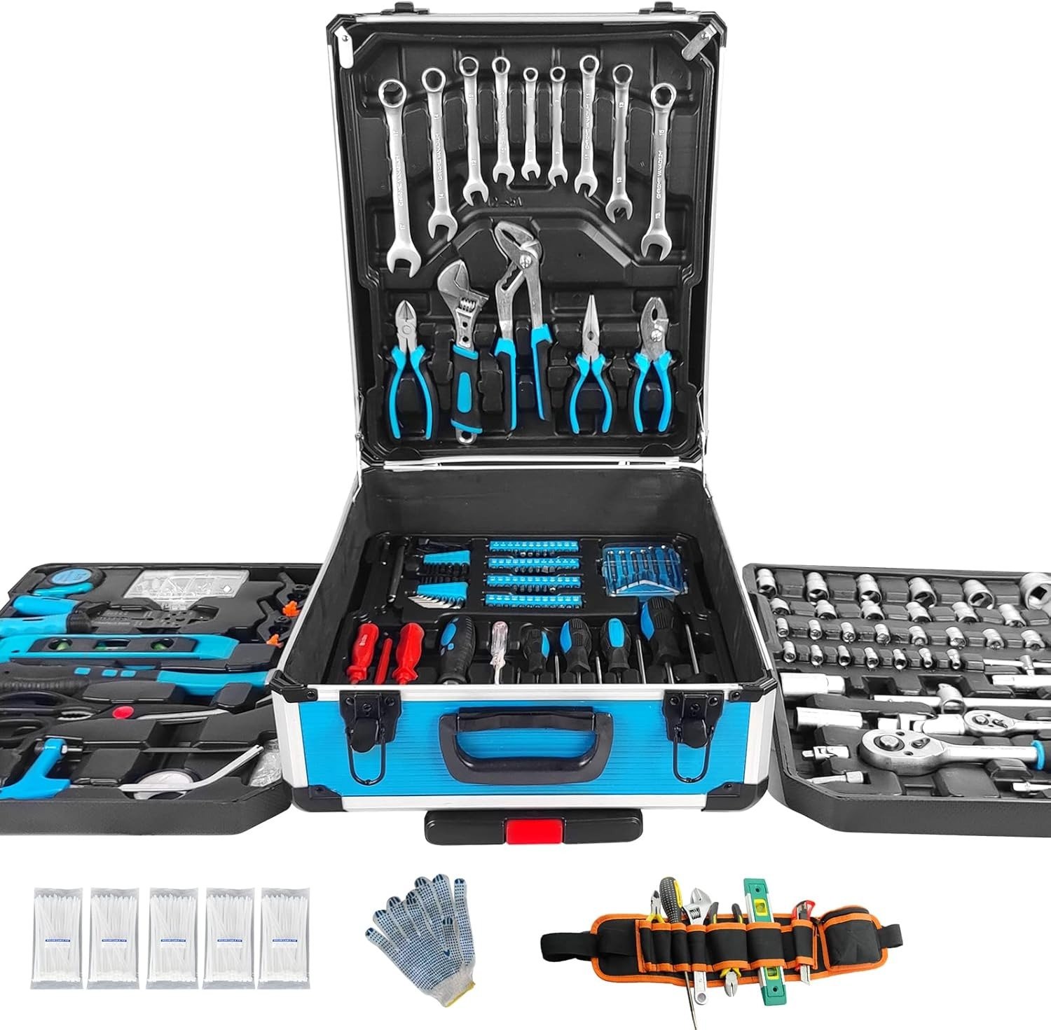 799pcs Aluminum Trolley Case Tool Set Silver, House Repair Kit Set, Household Hand Tool Set, with Tool Belt