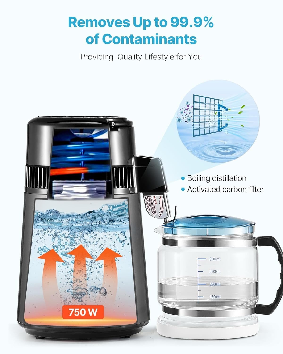 Water Distiller, 4L /1.1 Gallon Pure Water Distilled for Home Table Countertop, 750W Distilling Maker with Glass Carafe, Stainless Steel Interior Drinking Machine to Make Clean Waters, Grey