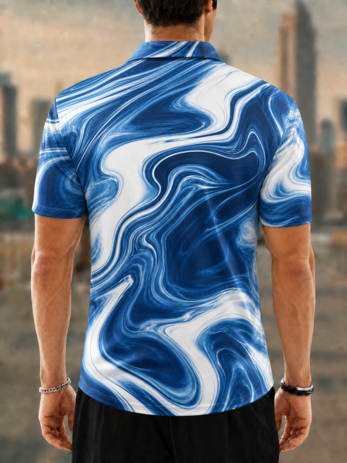 Moisture Wicking Golf Polo 3D Blue White Liquid Marble Swirl Button Short Sleeve Golf Polo Shirt