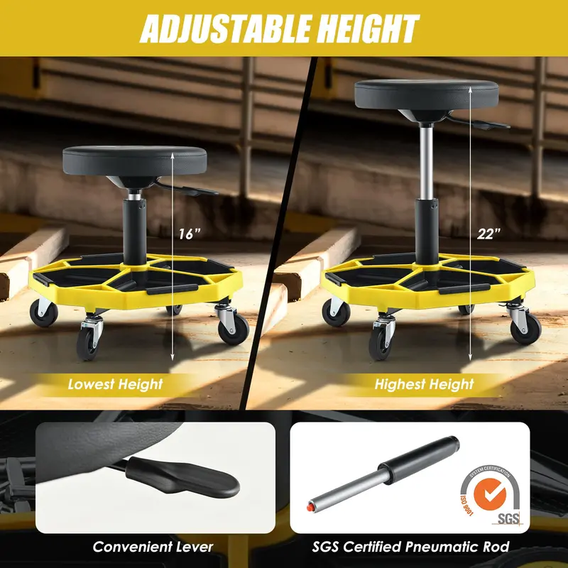 Rolling Mechanic Stool with Height-Adjustable Seat (16″–22″) and Detachable Magnetic Tool Tray