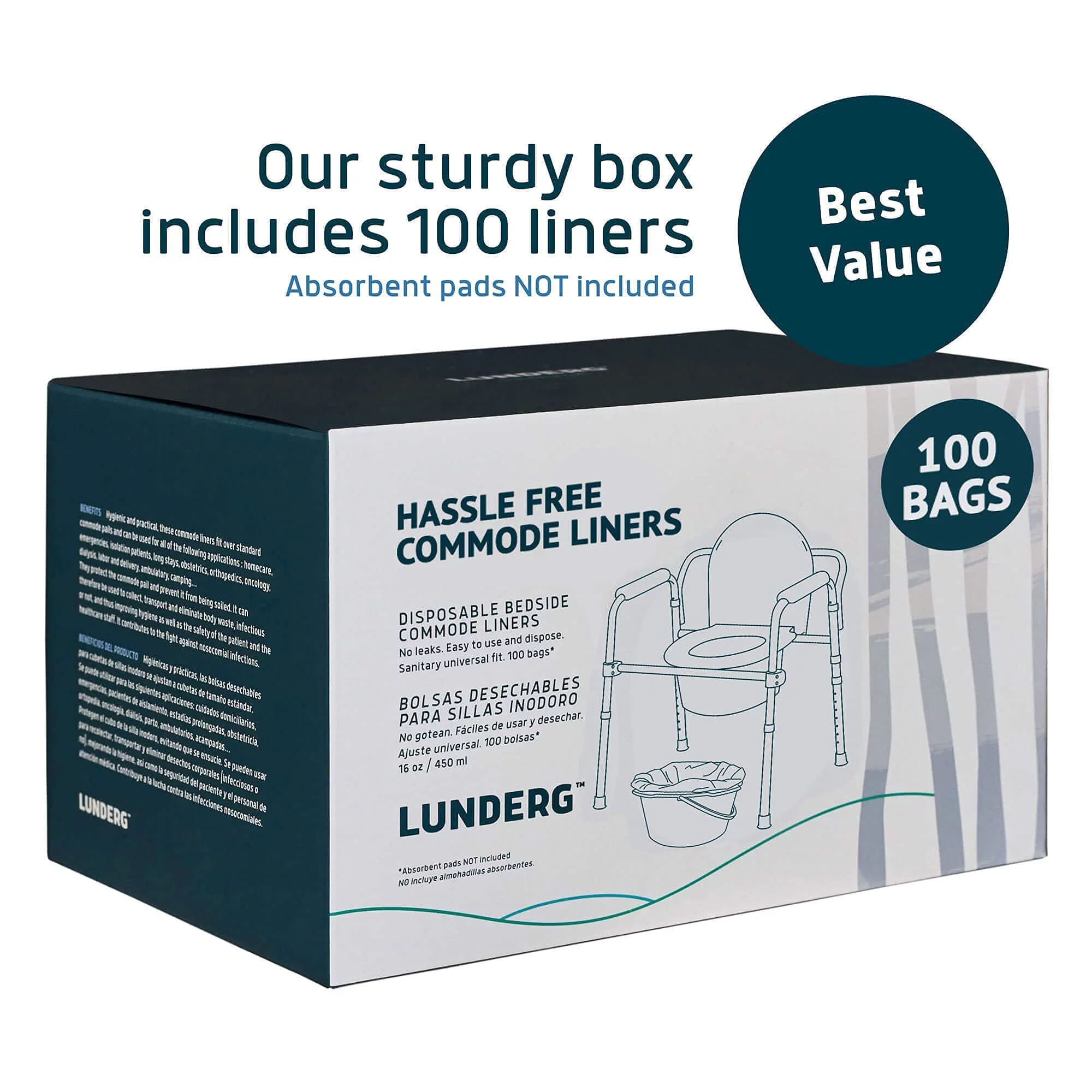Lunderg Commode Liners - Value Pack 100 Count Universal Fit - Bedside Commode Liners Disposable for Adult Commode Chair, Portable Toilet Bags or Camping Toilet Bags