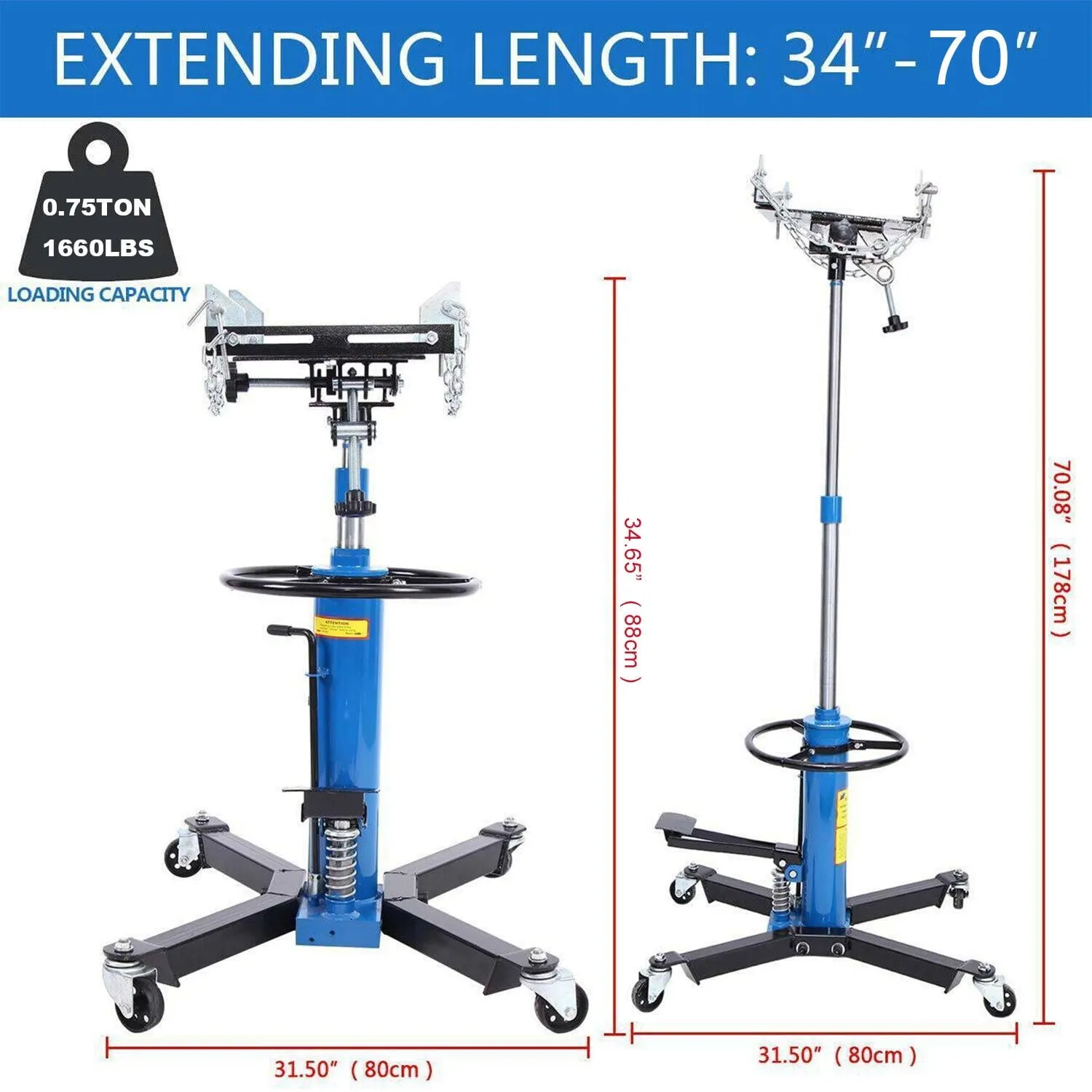 2026 1660 Pounds Hydraulic Car Transmission Jack Vertical Lift with 360° Swivel Wheel Pedal ,Blue,33