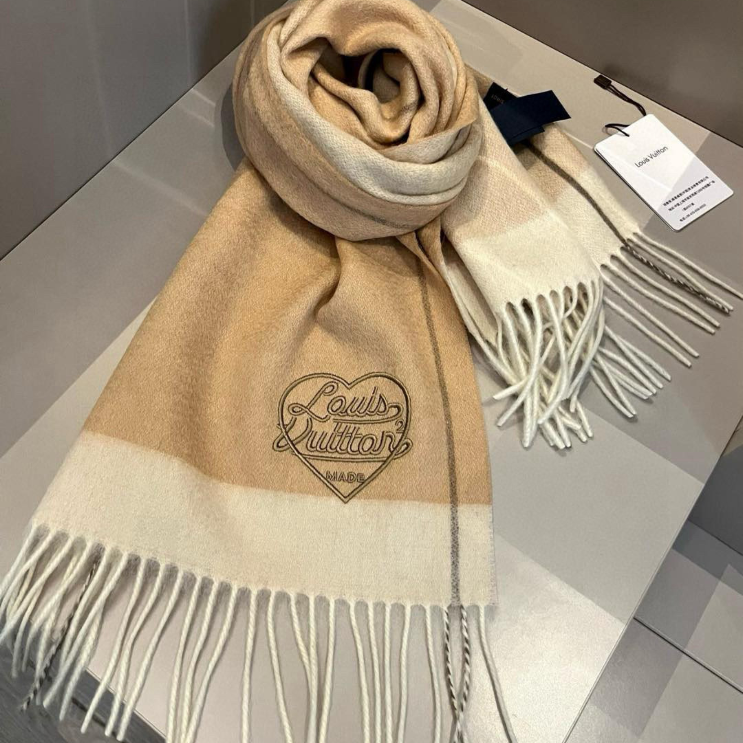 Louis Vuitton Monogram Heart Cashmere Scarf Beige For Women 180cm
