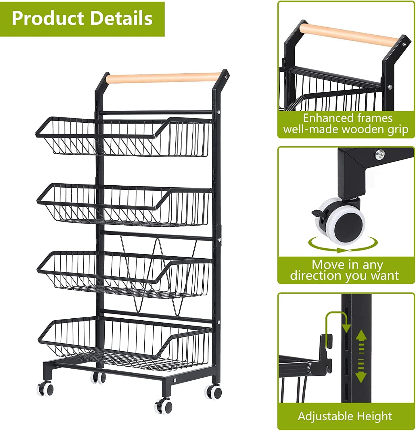 4 Tier Fruit Vegetable Storage Basket Rolling Cart with Handle and Wheels, Black