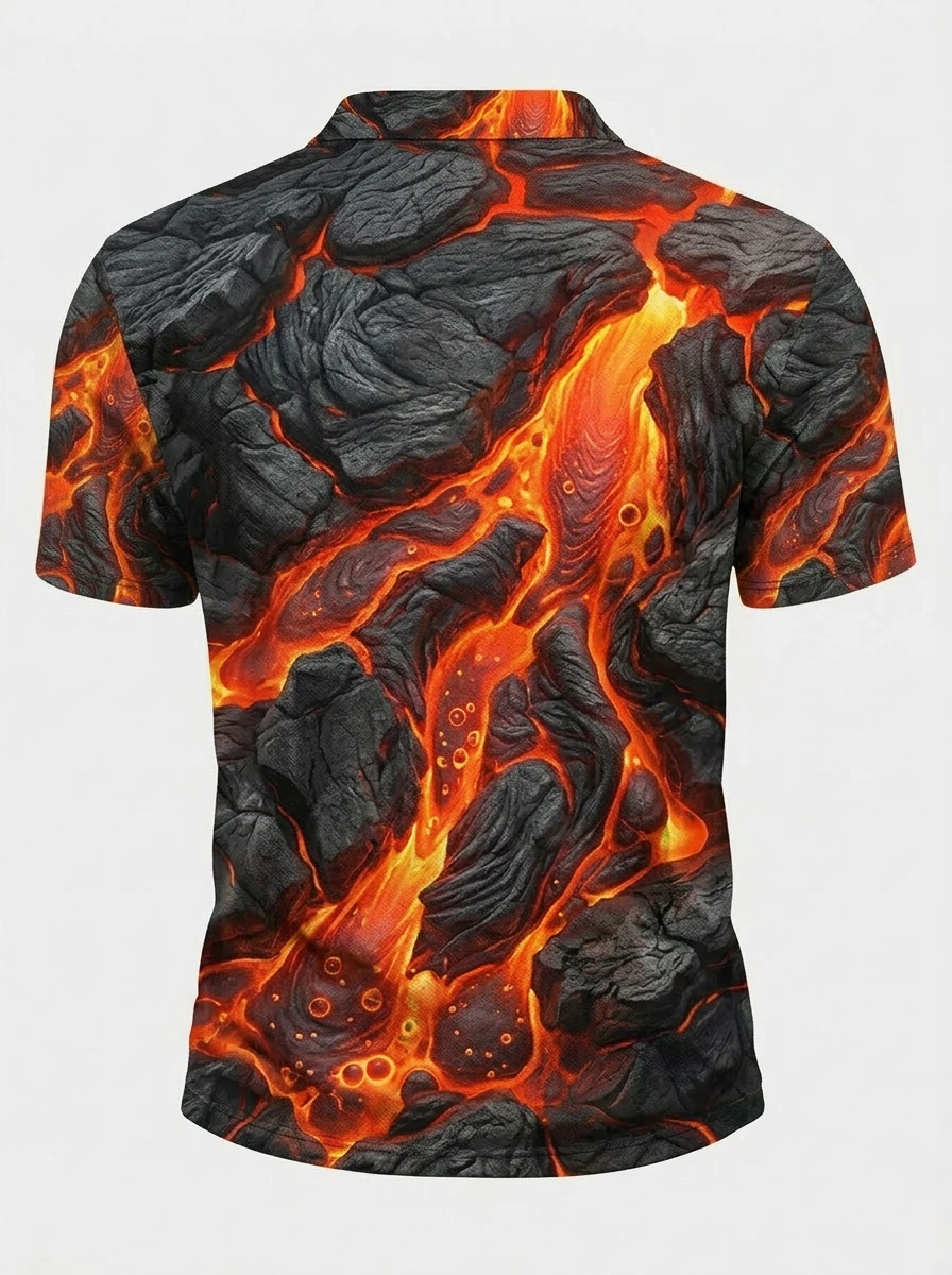 Moisture Wicking Golf Polo 3D Black Orange Lava Volcano Button Short Sleeve Golf Polo Shirt