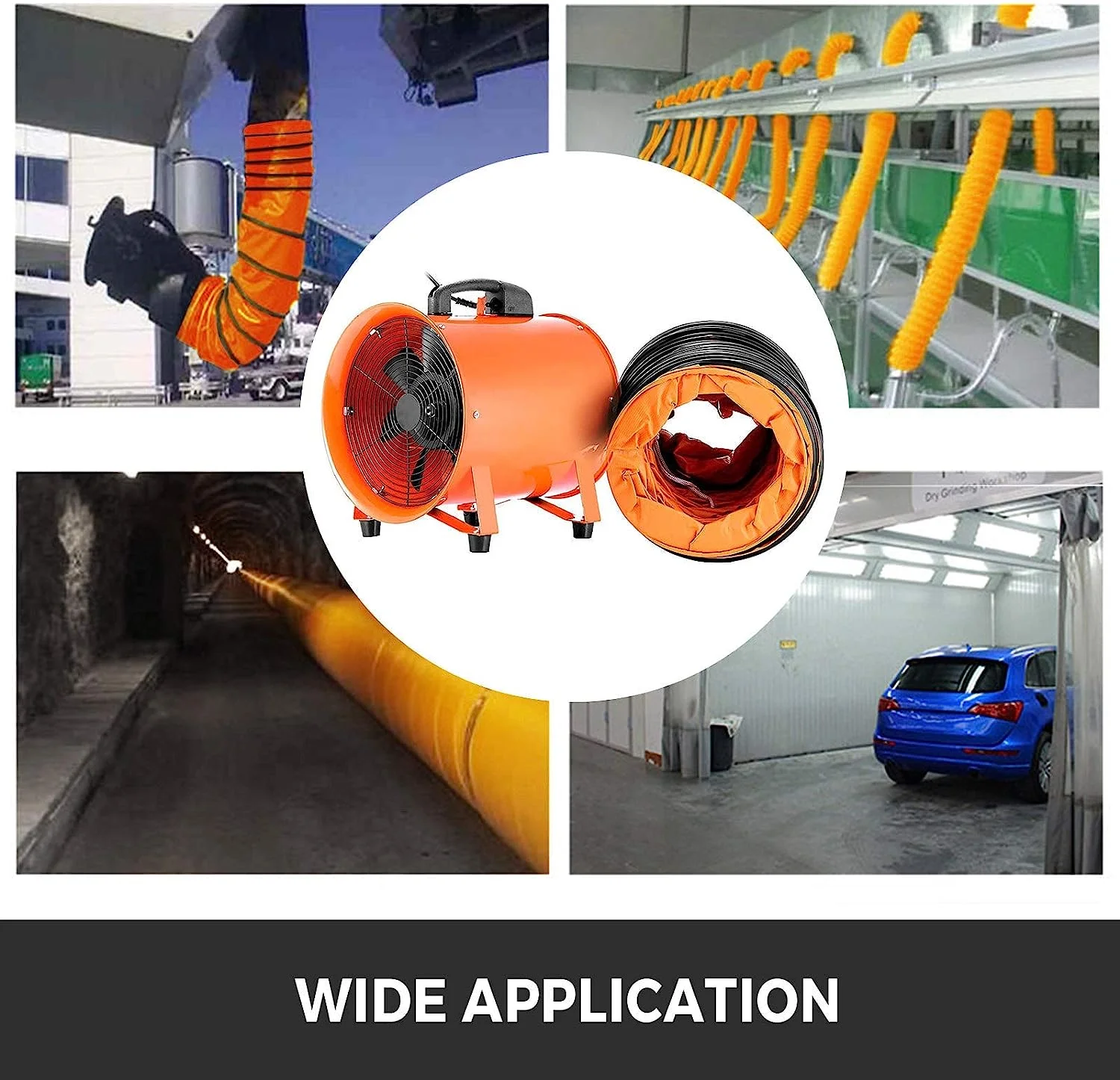 10 Inch Portable Ventilator Fan, High Velocity, Low Noise, 2700m3/h Air Flow, 320W Power, 295Pa Pressure, with 5M Duct Hose, Orange