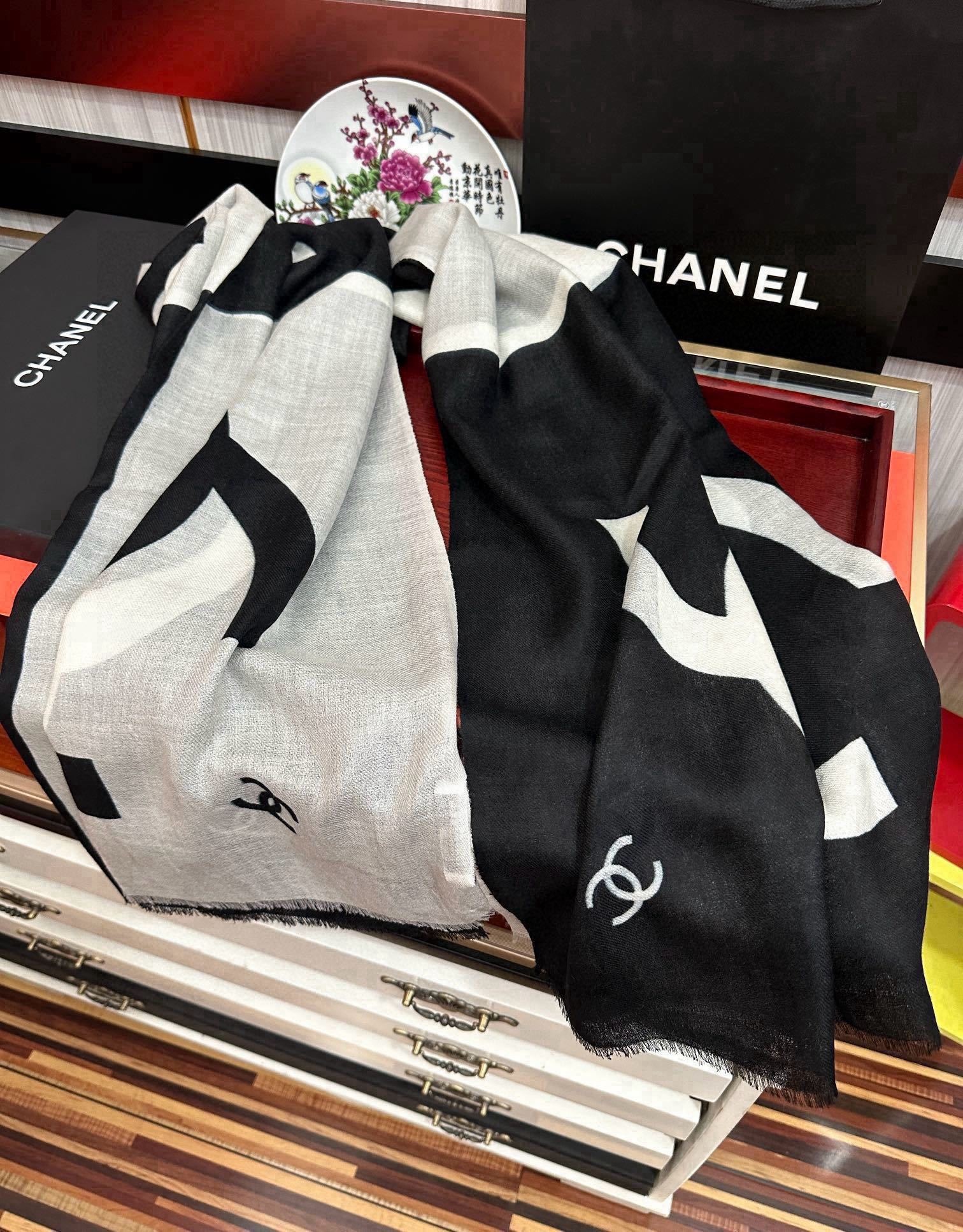 Chanel Silk Shawl CC Logo Colorblock Black – White For Women 200cm
