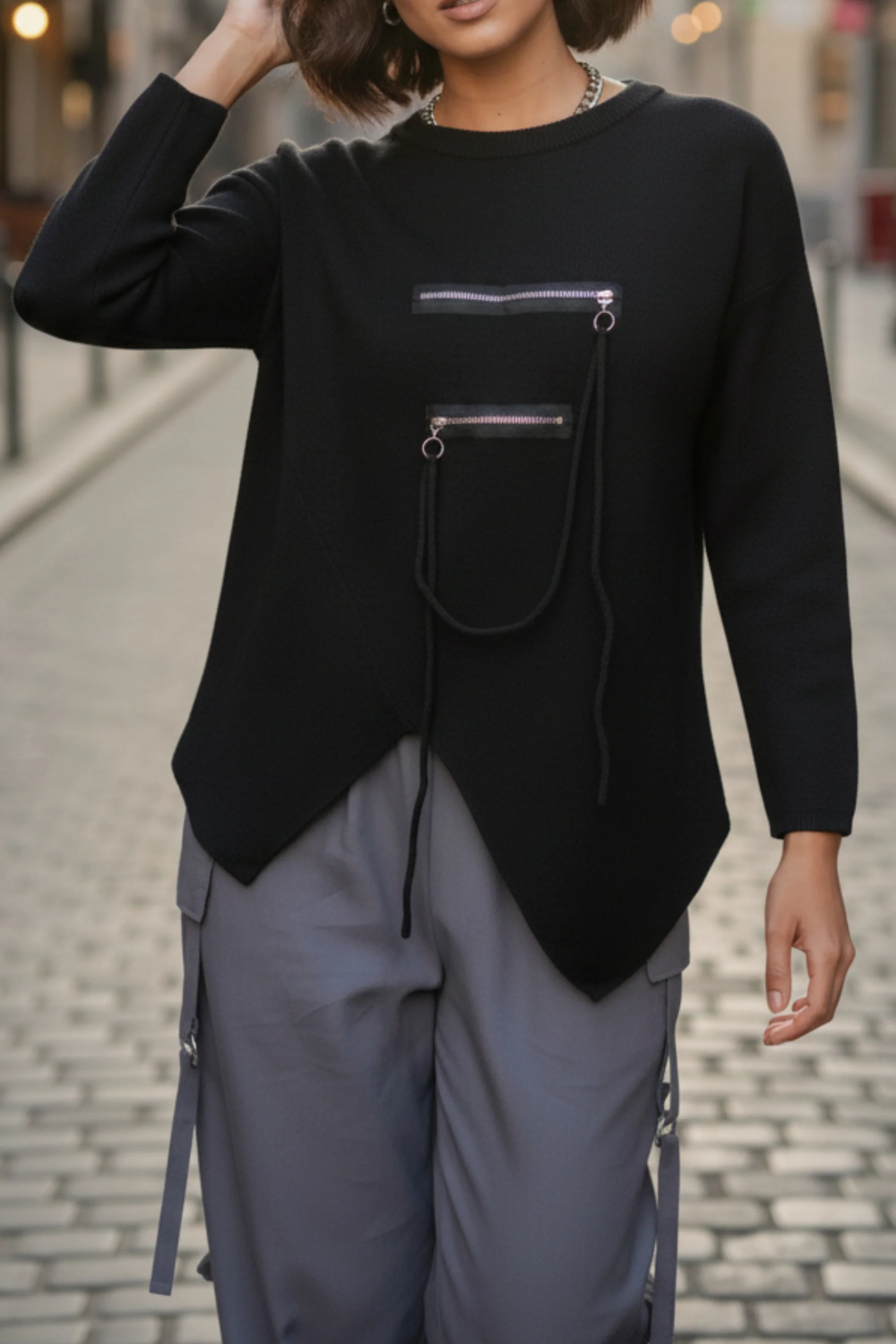 Black Zipline Geometrical Sweater