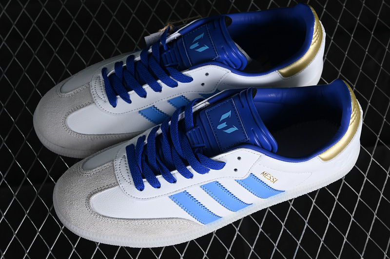 Adidas Lionel Messi X Samba Indoor Spark Gen10s White/Lucid Blue/Blue Burst/Gold ID3550