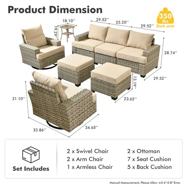 OVIOS 8 Pieces T shaped Seat Wide Armrest Swivel Chair Set With Ottoman