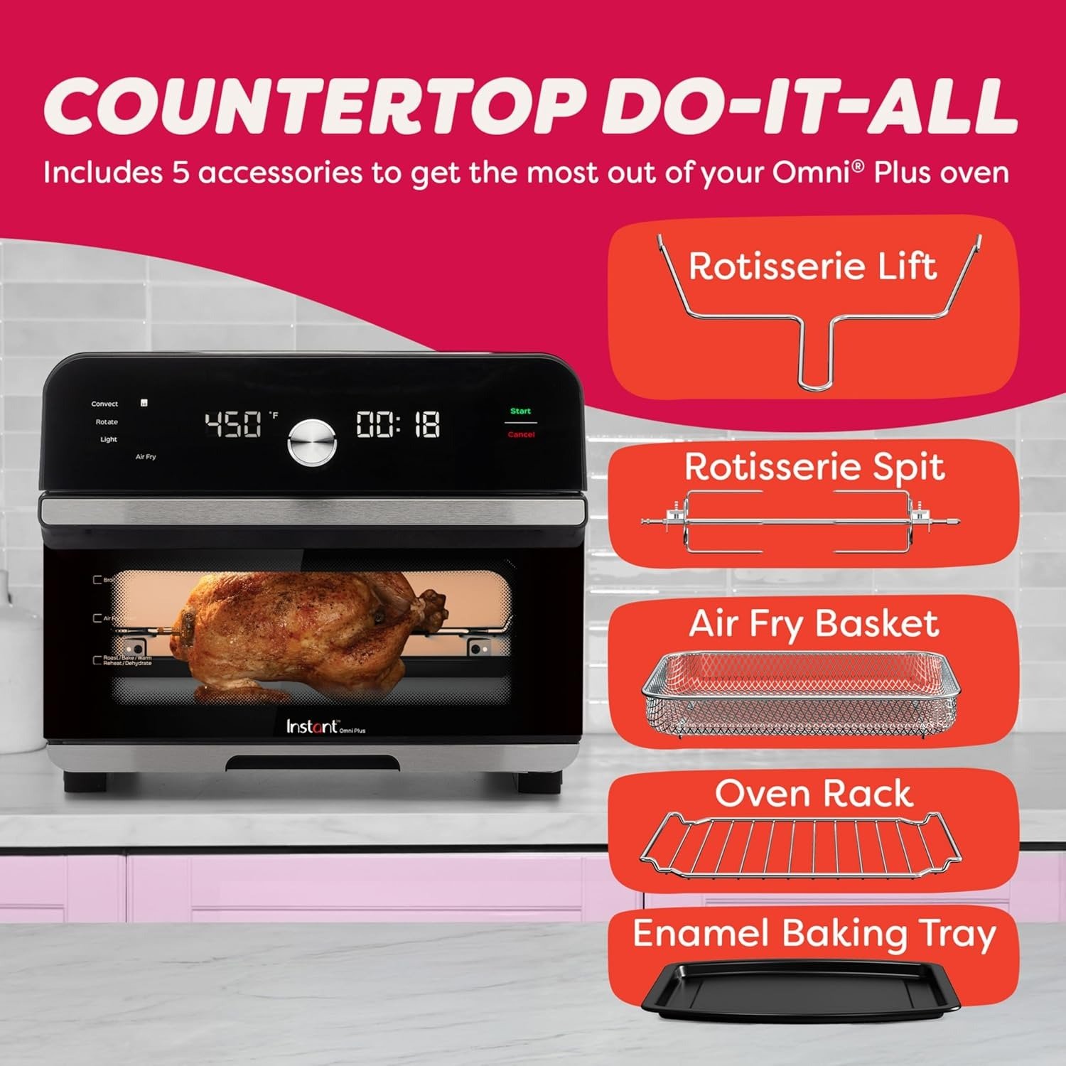 19QT 10-in-1 Air Fryer Toaster Oven, EvenCrisp+Golden Quartz Infrared, Rotisserie, Fits 12′′ Pizza, Black Stainless Steel
