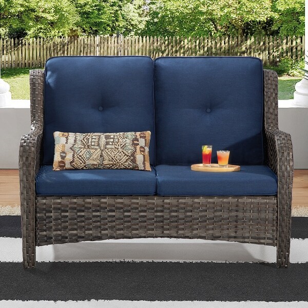 Cozywor Brown Wicker Outdoor Patio Loveseat with Cushions