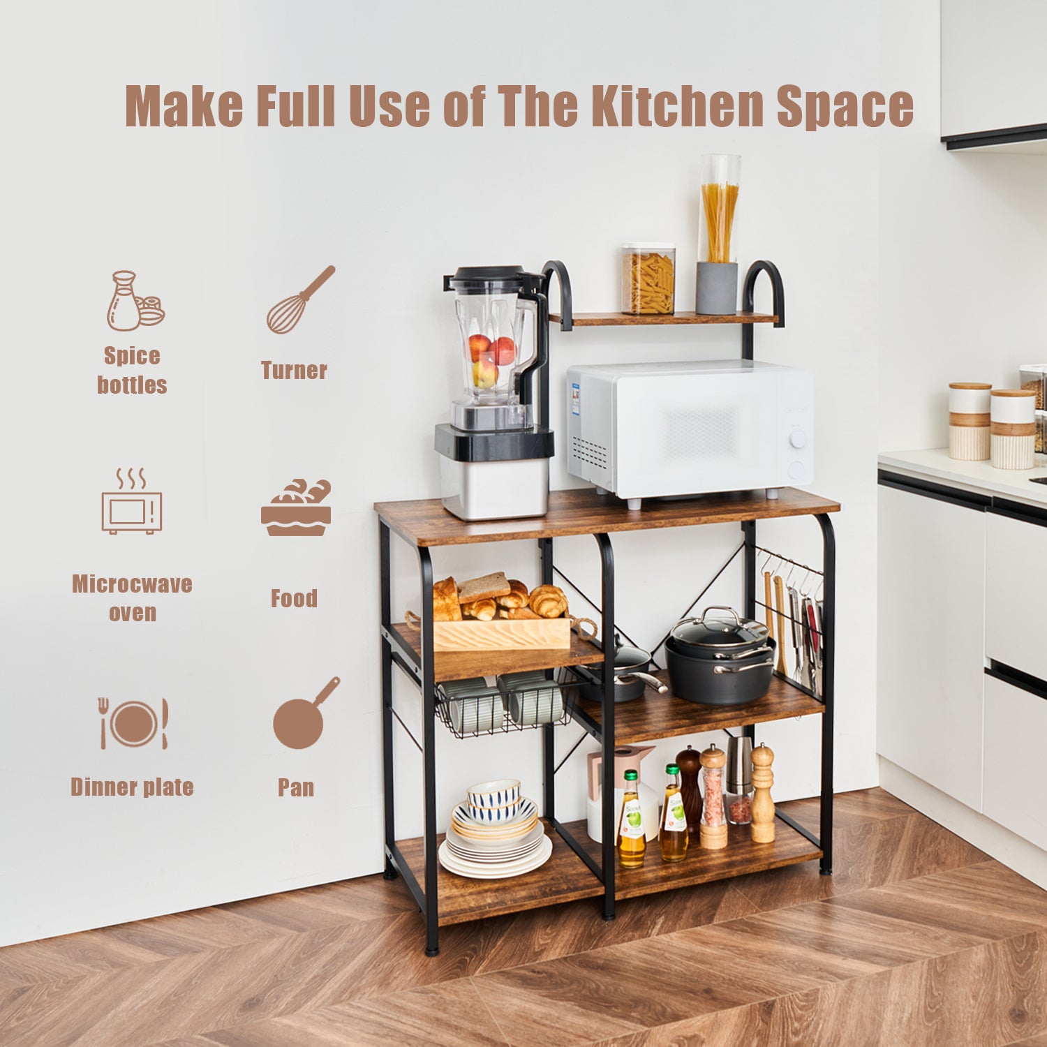 Kitchen Utility Storage Shelf Microwave Stand Cart on Wheels with Side Hooks by LAZYLAND(Brown)