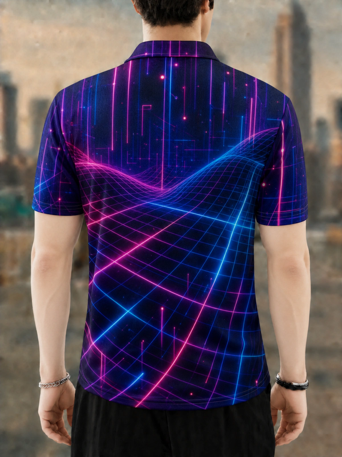 Moisture Wicking Golf Polo 3D Cyberpunk Neon Grid Digital Space Button Short Sleeve Golf Polo Shirt