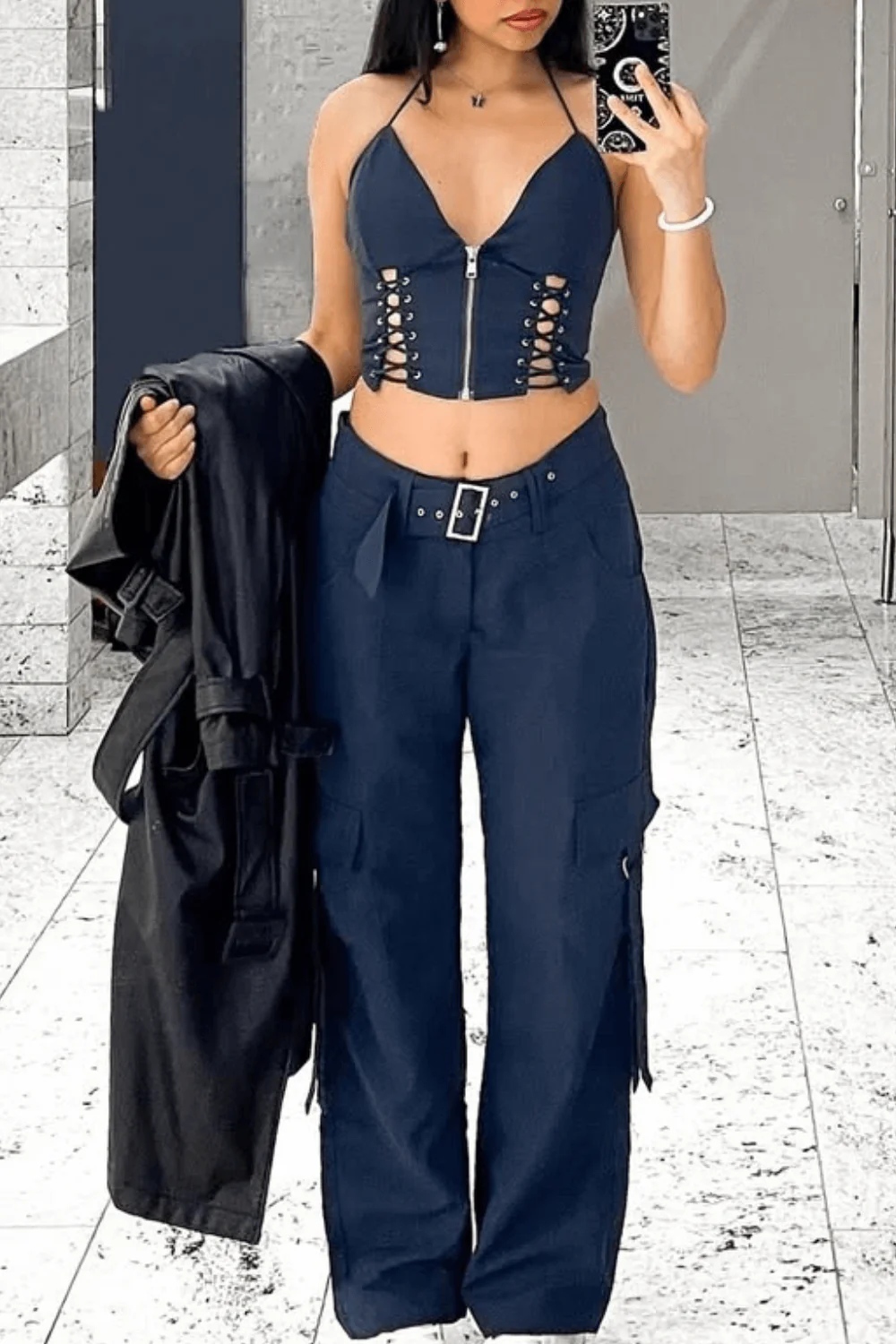 Lace Up Halter Crop Top & Cargo Pants SetClistos