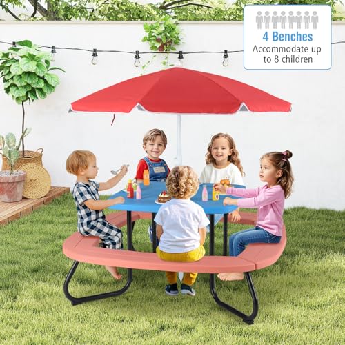 HONEY JOY Kids Picnic Table, 8 Person Toddler Outdoor Table and Chair Set, 4 Built-in Benches, Removable Umbrella, Metal Frame & HDPE Top, Children Outdoor Furniture for Backyard Patio Garden (Red)