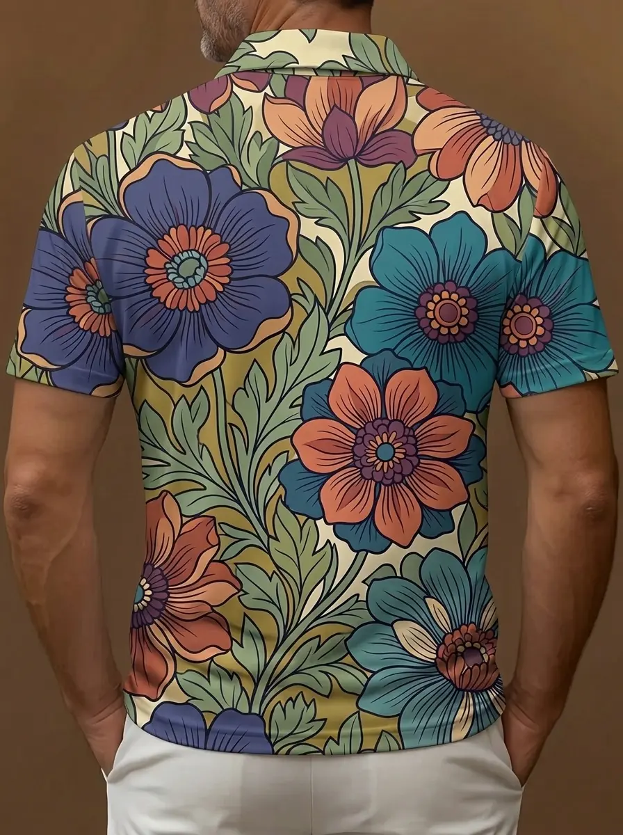 Vintage Floral Botanical Print Short Sleeve Golf Polo Shirt