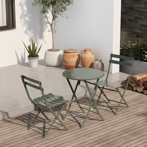3 Piece Patio Bistro Set of Foldable Round Table and Chairs,Dark Green
