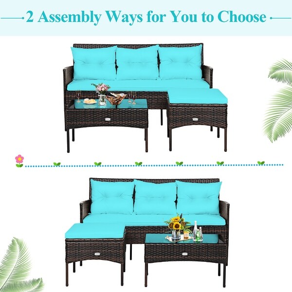 Costway 3PCS Patio Rattan Furniture Set 3Seat Sofa Cushioned Table