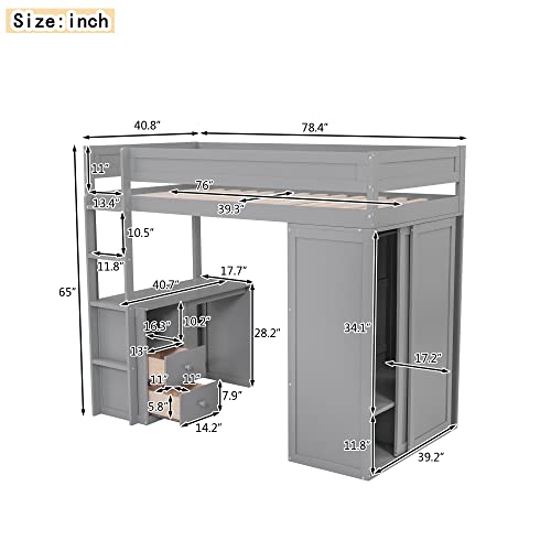 Harper & Bright Designs Full Size Loft Bed with Built-in Wardrobe, Desk, Storage Shelves and Drawers, Solid Wood Loft Bed Frame, Gray